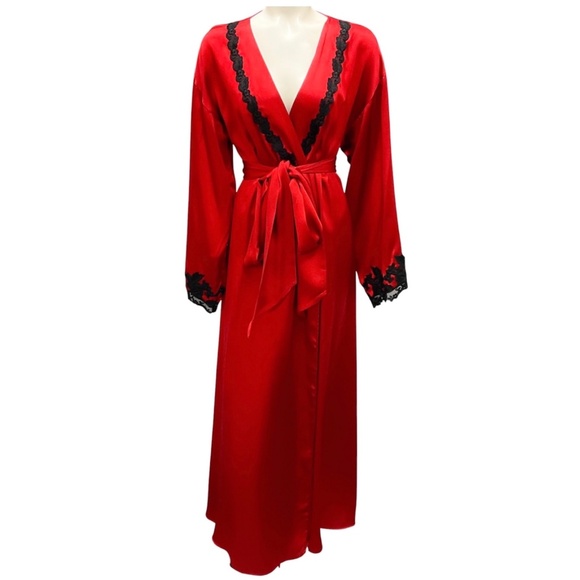 LA PERLA RED / BLACK LACE TRIMMED FULL LENGTH SILK ROBE - Picture 1 of 6
